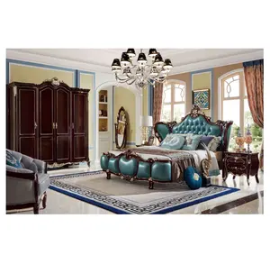 CBMmart Bed Antiquity Classic Luxury Royal bedroom Blue Chaise lounge leather bed set furniture