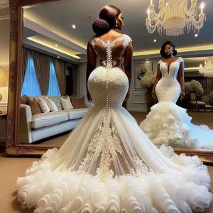 Abito da sposa romantico 2025 con perline e pizzo, a maniche lunghe, stile Aso Ebi, con volant, a sirena, abito formale da sposa, Vestido personalizzato - Product Image 4