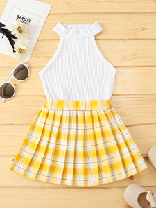 Ensemble de vêtements pour enfants été 2022, hauts et jupes blancs pour enfants, ensemble 2 pièces, vêtements à carreaux pour bébé - Product Image 4