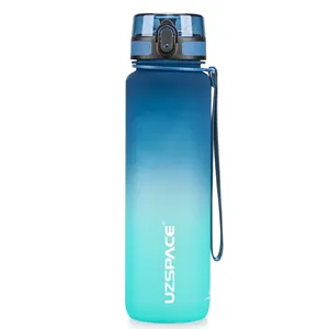 UZSPACE Desain Baru Olahraga Tritan BPA Gratis Plastik Botol Air Plastik Warna Gradien untuk Gym Kebugaran Sekolah dengan Penanda Waktu