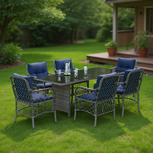 Set da pranzo da giardino in rattan blu navy e grigio, 6 posti, mobili da esterno contemporanei resistenti alle intemperie - Product Image 2
