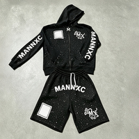 Ensemble 2 pièces surdimensionné streetwear : sweat à capuche zippé et short, avec patch brodé personnalisé entièrement orné de strass