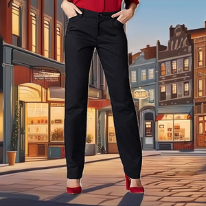 Pantalón Negro de Lona Transpirable para Mujer, Corte Recto, Cintura Media, Cierre de Cremallera, Estilo Vintage, Antiarrugas, Primavera, OEM/ODM - Product Image 2