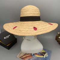 Sombreros de Sol para mujer, bordado de mariquita, sombreros de paja de rafia de ala ancha, sombrero flexible de playa plegable para mujer de verano para viajes al aire libre