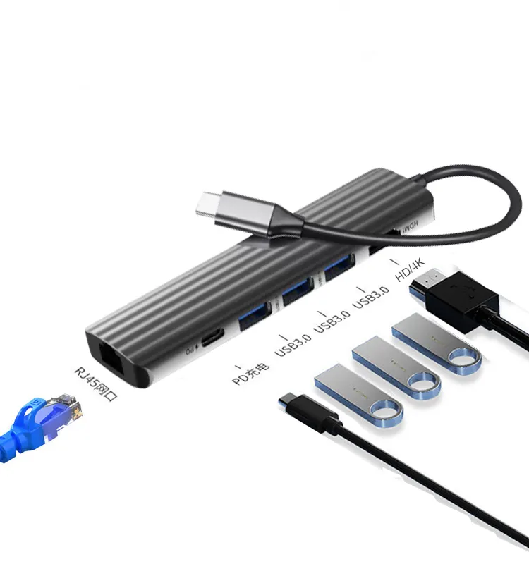 6 in 1 USB Hub Type-C Hub with 4K HD Multimedia + USB 3.0 +100W Fast PD +USB-C Port + Connect Network Port Docking Station HUB