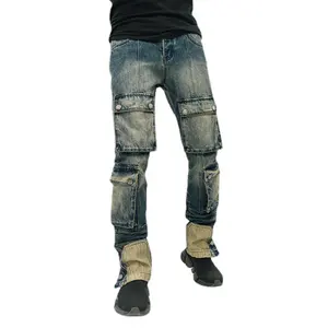 2023 new retro heavy industry washed multi-pocket micro cropped jeans men's cloth casual overalls