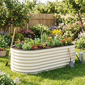 Bac à légumes surélevé en acier galvanisé <span class=keywords><strong>beige</strong></span> et blanc moderne, grand bac à plantes ovale en métal pour jardinage extérieur, légumes et fleurs - Product Image 1