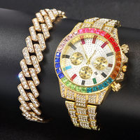 Ensemble de Bijoux Bling Strass Iced Out en Alliage Argent Or, Montre à Quartz Hip Hop pour Homme et Bracelet Chaîne Maille Cubaine, Vente en Gros