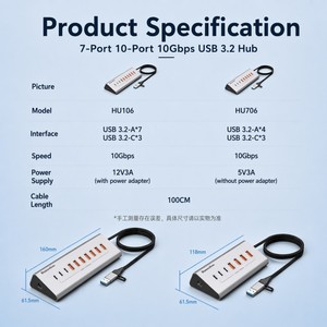 Hub in Alluminio USB-A 10Gbps e USB-C 10Gbps a 7/10 Porte per Sincronizzazione Dati, Splitter Hub USB 3.2 Tipo C con Adattatore di Alimentazione 12V/3A - Product Image 6