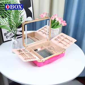Caja de Almacenamiento de Maquillaje Obox, Estuche de Belleza Portátil de Gran Capacidad, con Diseño de Rayas Rosa Brillante y Cierre - Product Image 4