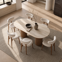 Ensemble de table à manger écologique avec plateau en pierre frittée, base en bois massif ovale, 6 places, mobilier de salle à manger moderne pour villa avec chaises
