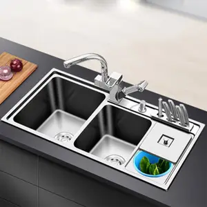 多功能双碗厨房水槽在一个工作站304不锈钢全现代拉丝金厨房水槽柜台上方