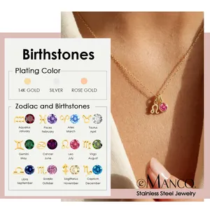 Collar con Colgante Doble de Constelación y Piedra de Nacimiento EManco, 12 Circonitas, Acero Inoxidable, Regalo de Cumpleaños, Venta al Por Mayor, Dropshipping - Product Image 1