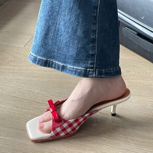 Women's Fashionable Trend Square Toe High Heel Sandals Summer Outdoor French Plaid Open Toe One-Strap Design Bow Mesh PU Slip-On - Product Image 2