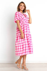 Personalizado Casual señoras cuello entallado <span class=keywords><strong>P</strong></span> manga corta escalonado con volantes suelto Gingham <span class=keywords><strong>Maxi</strong></span> vestido largo para las mujeres - Product Image 4