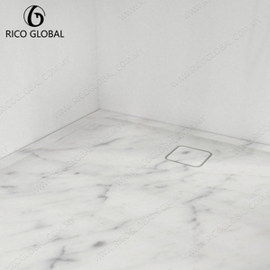 Receveur de douche rectangulaire en marbre avec drain linéaire central, design minimaliste pour installation au sol de la salle de bain - Product Image 5