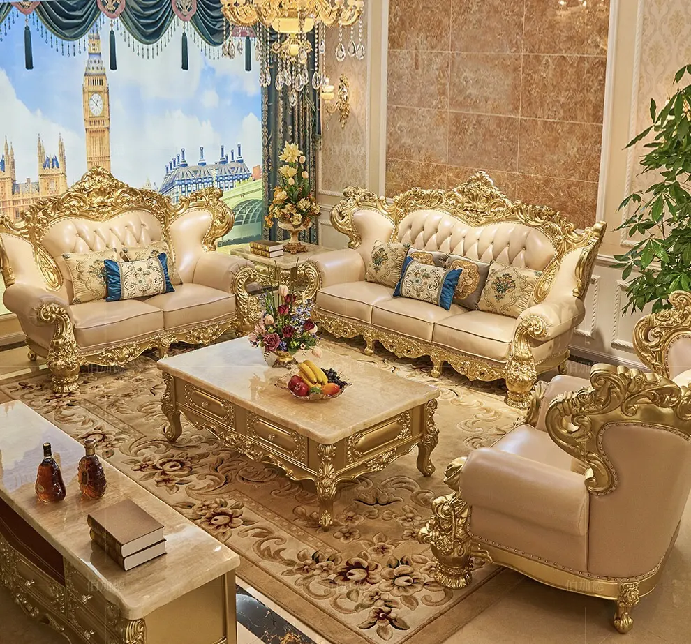 Set Sofa Kulit Asli Ruang Tamu Gaya Eropa, Furnitur Antik Desain Klasik