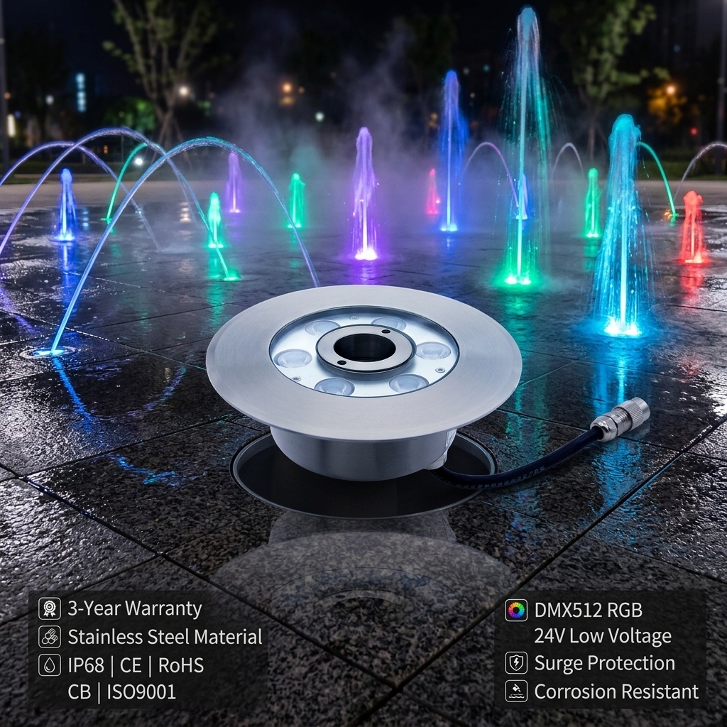 Stainless Steel Nozzle Fountain Ring Lamp DMX IP68 Submersible Jet Spouting RGB Warm White Garden Landscape Underwater Light