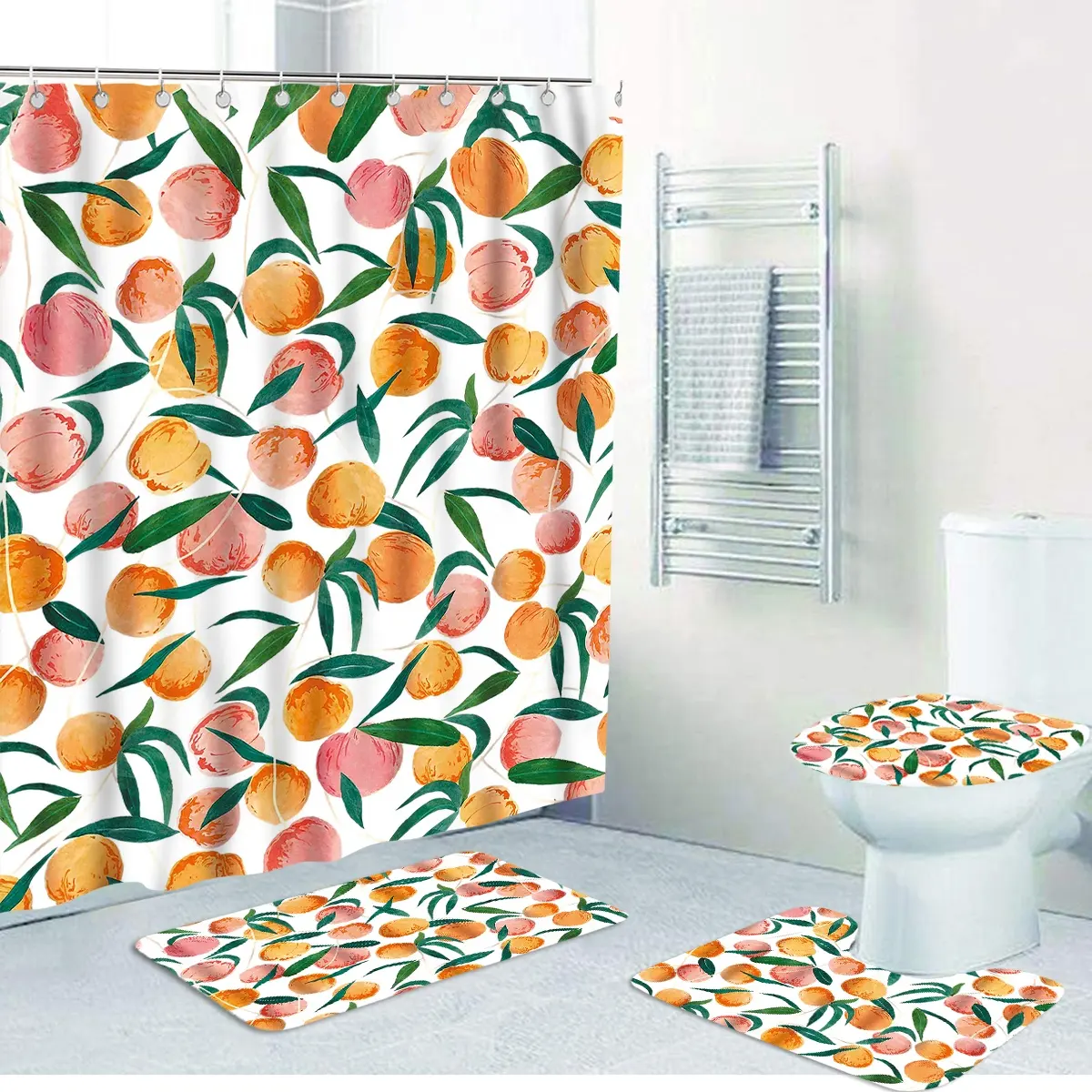 ม่านอาบน้ำ3ชิ้นสีส้มสีชมพูผลไม้ผ้าโพลีเอสเตอร์ Mouldpro กันน้ำของพีชห้องน้ำชุดม่านอาบน้ำที่มีพรม