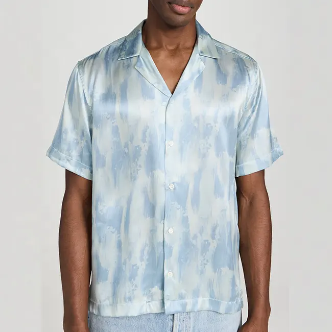 Custom Summer All Over Print Short Sleeve Woven Satin Silk Button Up Shirt For Men