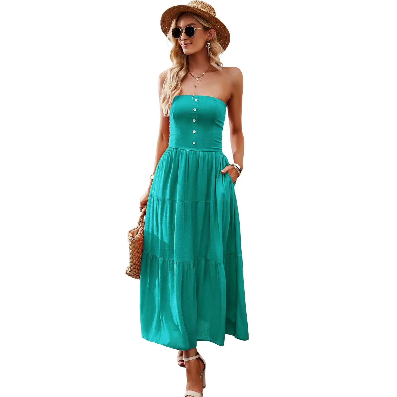 A344 Long White Casual Dresses for Women Sleeveless Cotton Summer Beach Dress A Line Spaghetti Strap Sundresses with Pockets