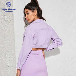 New Arrival Single Breasted Purple Wash Button Front Women <strong>Crop</strong> <strong>Denim</strong> <strong>Jacket</strong> - Product Image 3