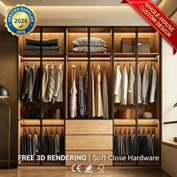 Système de dressing moderne de luxe avec cadre en aluminium noir, porte en verre et éclairage LED, armoire de chambre personnalisée