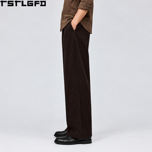 Pantalon en velours côtelé plissé coupé et cousu pour homme, marron chocolat foncé, coupe droite, pli central large, style décontracté chic, vente en gros - Product Image 5