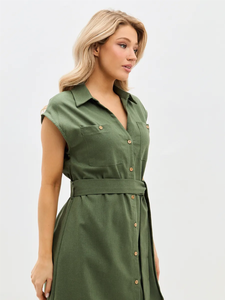 Olive Màu Xanh Lá Cây Rắn Linen Bông Không Tay Áo Sơ Mi Ăn Mặc Cho Phụ Nữ Nút Phía Trước Tự Nhiên Eo Phù Hợp Với Vành Đai Giữa Chiều Dài Mặc Giản Dị - Product Image 6