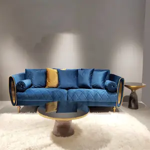 الأزرق الإيطالي الترفيه المخملية أريكة مع وسادة الشمال نمط أريكة المخملية الفولاذ المقاوم للصدأ الحديث الساق غرفة المعيشة شقة الذراع أريكة