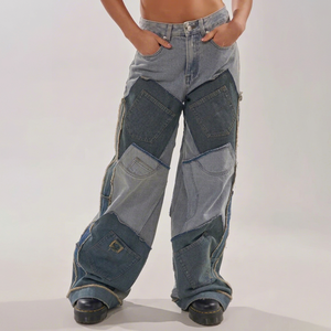 Jean en denim taille haute ample et long pour femme, imprimé color block, style bohème vieilli, écologique, coupe ample, longueur intégrale, vintage - Product Image 1