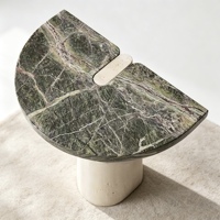 Table d'appoint demi-lune bicolore en pierre, design moderne, avec plateau en marbre et base en pierre, pour salon et chambre à coucher, mobilier de maison