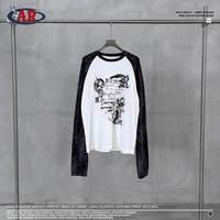 T-shirt à manches longues en maille gaufrée, imprimé Chevalier Gothique, motif Léopard, manches raglan, crop top, avec graphique Armure de fil barbelé, style Dark