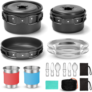 Venta al por mayor ligero al aire libre Mess Kit 15PCs utensilios de cocina de acero inoxidable con ollas Pan tazas platos tenedores para acampar - Product Image 1