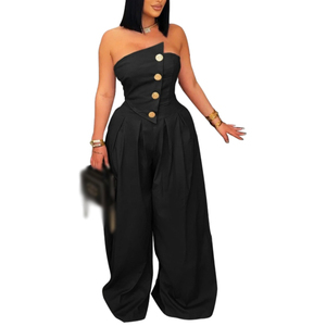 Combinaison de sport et de fitness pour femme, sans bretelles, coupe oversize, sans manches, avec boutons, jambe large, tendance et distinctive - Product Image 3