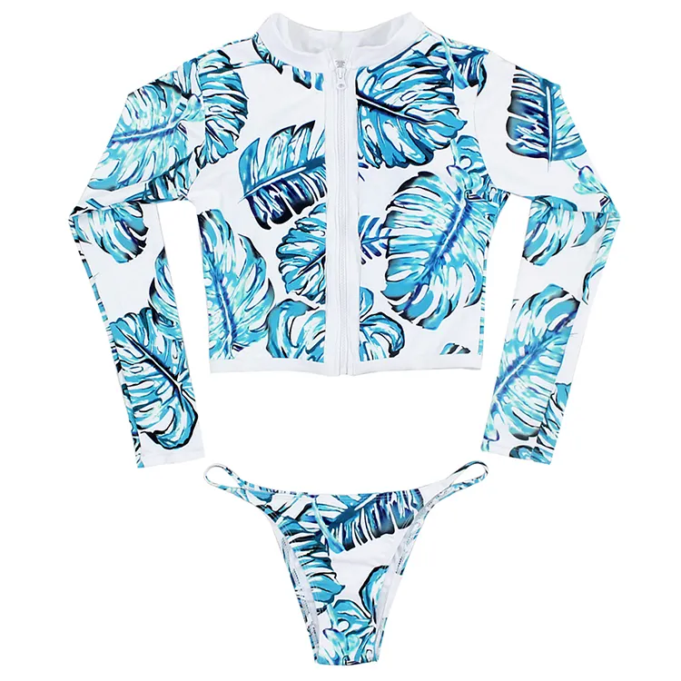 Tropical impresión traje de baño de manga larga cremallera de las mujeres Bikini traje de baño trajes de baño