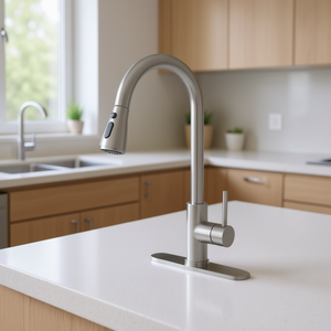 Robinet de cuisine moderne en acier inoxydable argenté, 1 poignée extractible, à poser sur comptoir, avec valve en céramique et conception flexible - Product Image 2