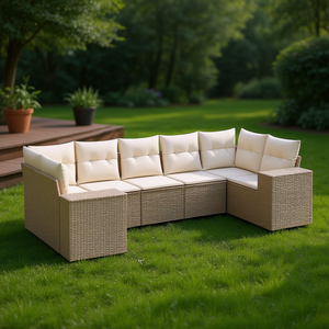 Conjunto de sofá de jardín grande con patas ajustables en ratán sintético beige, muebles de exterior para jardín, estilo de diseño contemporáneo. - Product Image 2