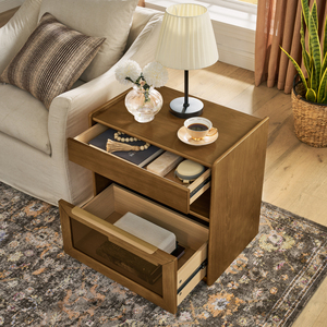 Mid Century Modern Nightstand With Charging Station 2 Drawers <b>Open</b> Shelf Glass Door Farmhouse End Table - Product Image 3
