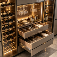 Meuble de cuisine de luxe moderne avec îlot bar et vitrine à vin, éclairage LED, ensemble personnalisé en contreplaqué, robinet, charnières, design modulaire écologique