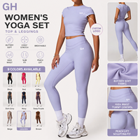Ensemble de yoga léger GH Factory Price : haut court dos nu et leggings de sport taille haute pour femme, en tissu brossé uni, idéal pour le fitness