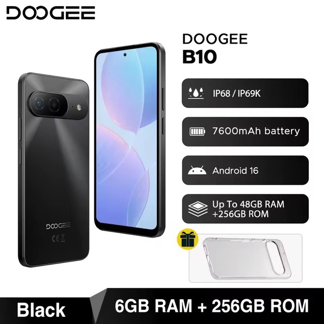 DOOGEE B10 Smartphone Gemini AI Android 16 7600mAh Battery 6GB 256GB 6.6'' Display 64MP AI Camera Cell Phone