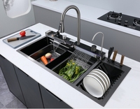 Évier de cuisine multifonctionnel noir à prix réduit, évier intelligent en acier inoxydable 304 de grande taille avec lave-vaisselle pour cuisine d'hôtel