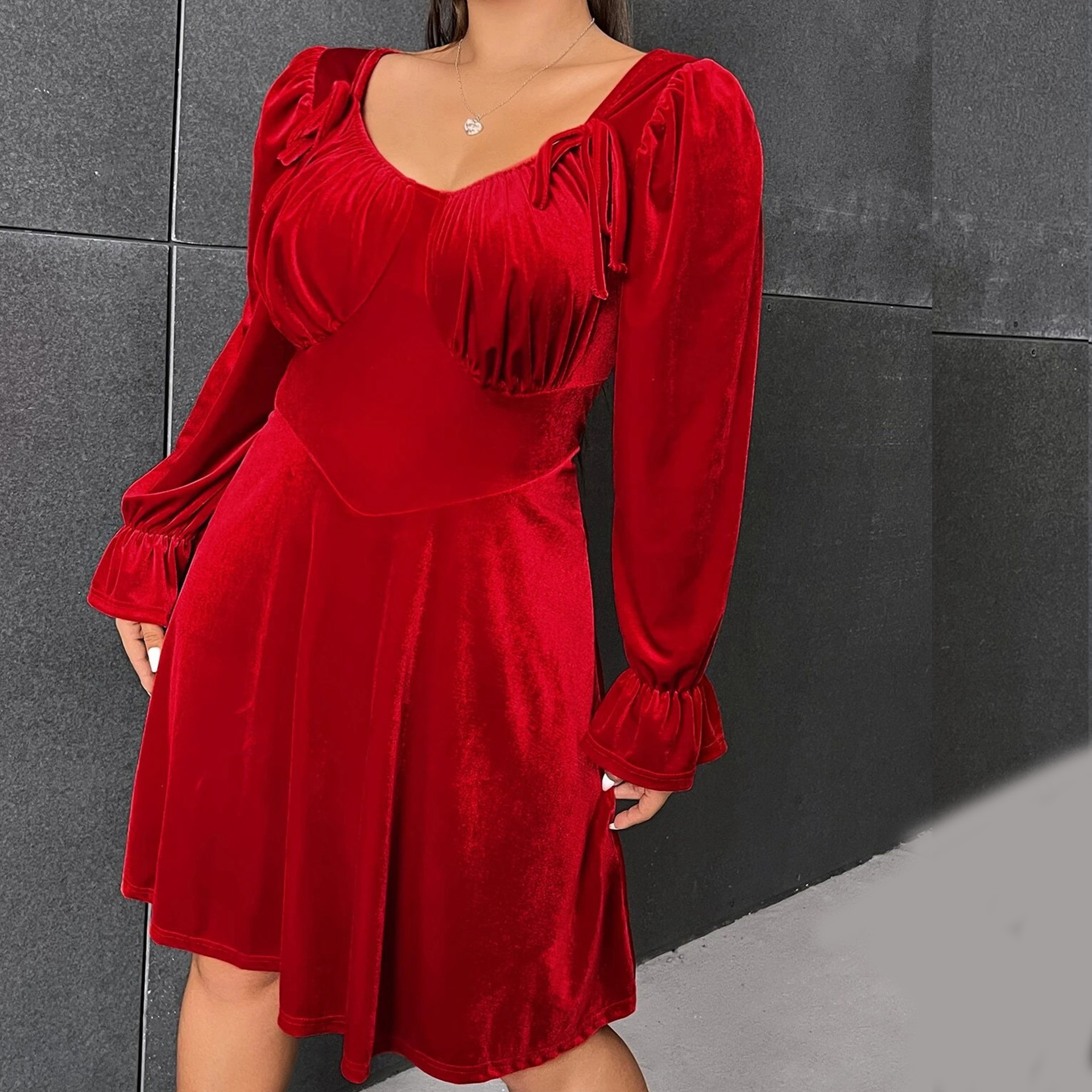 Buy Red Lace Long Sleeve Short Dress Elegant & Casual Polyester |  Alibaba.com