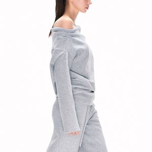 Sudadera informal de un solo hombro para mujer, 100% algodón, cómoda y suave, color gris, camiseta de manga larga para mujer - Product Image 3