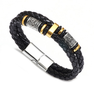 Bracelet Viking Nordique en Acier Inoxydable Doré, Double Chaîne en Cuir Tressé, Bijou Géométrique pour Homme, Cadeau - Product Image 5