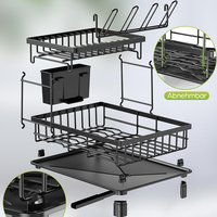 Égouttoir à vaisselle noir en acier à 2 niveaux multifonctionnel pour évier, avec rangement pour couverts, pour cuisine domestique