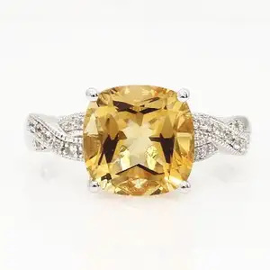 Pure Interlaced White Gold With Channel Diamond Cushion Shape Citrine Gemstone Ring
