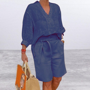 Boutique Wholesale 2025 Summer New <strong>Fashion</strong> V-neck <strong>Cotton</strong> Linen Loose Shirt Casual Shorts Women's Set - Product Image 6