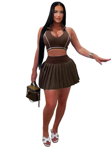 Damen Mode Casual Ärmellose Weste mit Kerbkragen Polyester Lässiger Plissierter Minirock Gefüttert 2-Teiliges Set Outfit Sportanzug - Product Image 5